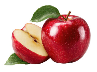 Two vibrant red apples, one whole and one halved, with fresh green leaves