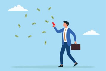 Vector illustration of a businessman holding a money gun and spreading cash, symbolizing wealth, financial success, investment, and celebration of prosperity
