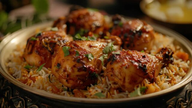 Flavorful biryani chicken with rice, spices, and sauce. Hearty meal of Indian cuisine.