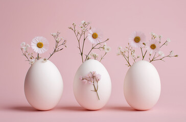 Photo of three white eggs and one egg with flowers inside on a pastel pink background,