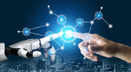 A human hand and a robotic hand reaching towards each other in a futuristic digital interface, illustrating themes of technology, connection, and collaboration in innovation. Tessel