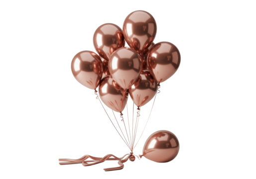 Pristine rose gold metallic balloons bundled with blush pink satin and champagne silk ribbons on a clean transparent studio background, luxury celebratory concept.