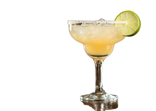 Refreshing margarita cocktail with salt rim and lime slice ready to sip on a dark surface isolated on transparent background