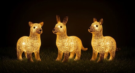 Three illuminated animal figurines, glowing warmly on a bed of grass, create a charming and inviting scene.