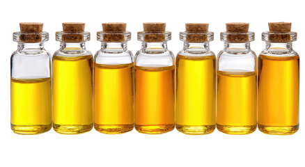 Eight small glass bottles, filled with a golden liquid, capped with cork stoppers