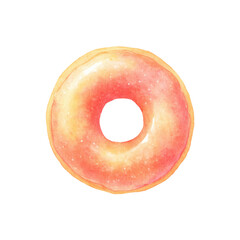 Watercolor pink glazed doughnut on black background, cut out