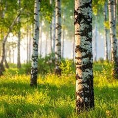 Sunny birch forest scene