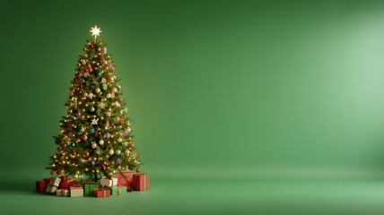 Beautifully decorated christmas tree with presents underneath on a solid green studio background with soft lighting