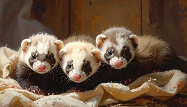 A captivating close-up of adorable ferret kits nestled together in cozy bedding