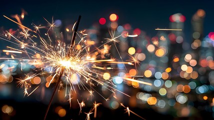 Sparkling sparkler illuminates the night sky with city lights in the background