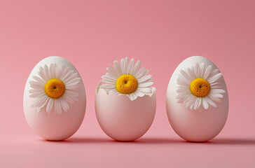 Photo of three white eggs and one egg with flowers inside on a pastel pink background,
