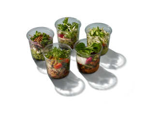 Salad assortment in cups healthy eating diverse options isolated presentation