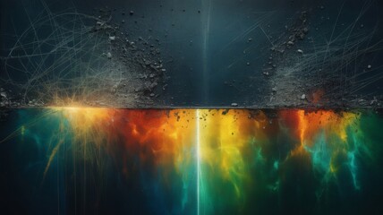 
This image is an abstract and surreal composition split into two distinct horizontal halves. The top half is a dark, gritty surface with cracks and what looks like dirt or debris, while the bottom ha