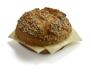 Seeded roll with cheese slice isolated on white background studio shot
