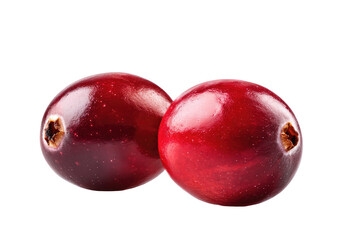 Obraz premium Two vibrant red cranberries, close-up, against a black background. They are round and glossy, with a small pit visible on each