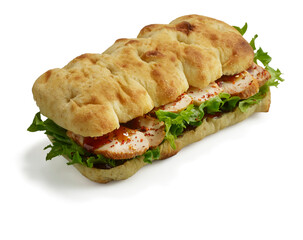 Grilled chicken focaccia sandwich with lettuce and spicy glaze on white background