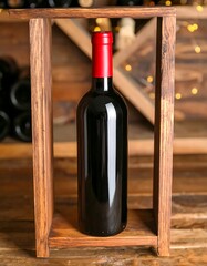 Wooden wine rack displaying a bottle of red wine