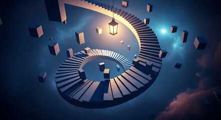 Floating Spiral Staircase in Surreal Sky with Lantern Glow, Abstract Architecture, Dreamlike Atmosphere, Fantasy Blocks, and Ethereal Design, 4K image 