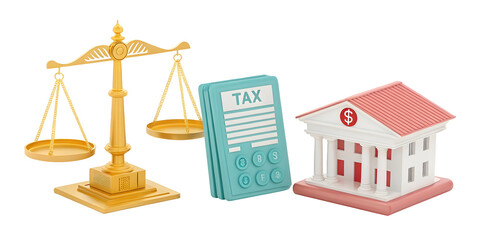 3 D Render Gold Balance Scale Tax Form Calculator Bank Building Icon Law Justice Finance Accounting Business Concept ,  white background , png file 