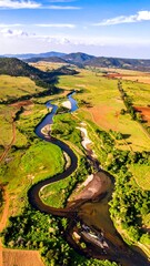 Aerial view of a winding river through a landscape