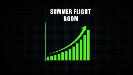 summer flight boom business arrow graph going up represents profit and growth from holiday. 4k animation on black background.