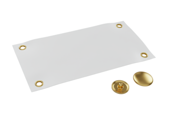 White rectangular fabric banner, yellow eyelets, and polished brass button on transparent studio background, high-angle, soft light, commercial product display concept