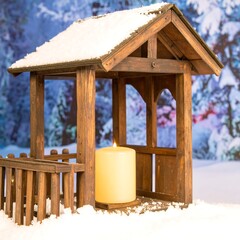 Wooden winter shelter with candle