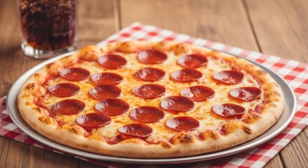 A delectable pepperoni pizza, golden-brown crust, and melted cheese, displayed on a checkered tablecloth, showcases a satisfying meal.