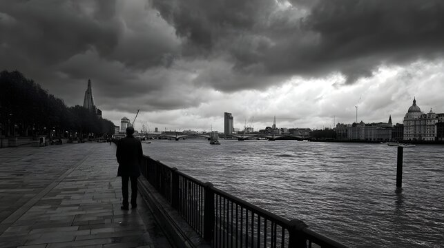 A solitary figure standing by a riverbank under a dramatic sky, with dark clouds and reflections on the water, creating a moody atmosphere