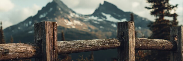 Naklejka premium Mountain Landscape With Rustic Wooden Fence Under a Cloudy Sky in the Late Afternoon