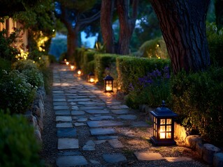Obraz premium A serene garden pathway illuminated by lanterns at dusk, surrounded by lush greenery
