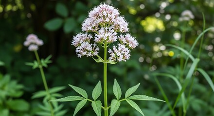 Valerian flower blooming in a lush green garden.