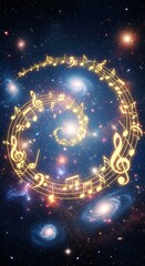 Golden musical notes spiral through a vibrant cosmic backdrop, creating a captivating celestial design.