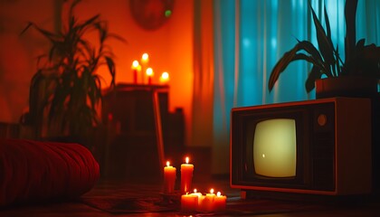 Retro TV and Candlelight Scene, Cozy Home Interior With Warm Lighting
