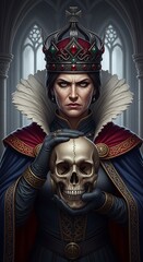 A regal female figure, adorned in a rich, dark blue and crimson robe, holds a skull, exuding a serious and somber mood.