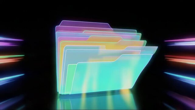 Colorful translucent file folders arranged in motion with glowing effect  