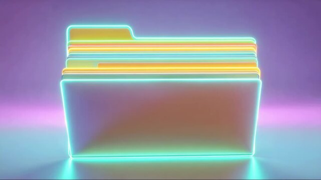 Neon folder graphic with colorful outlines on gradient background  