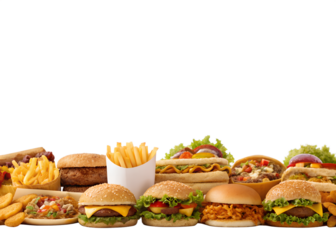 Abundant variety of delicious fast food burgers hot dogs and fries appetizing feast isolated on transparent background