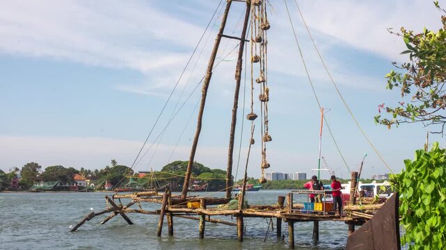 4K Hyperlapse timelapse footage of chinese fishing nets at fort kochi kerala India