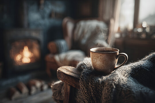 Mug with hot tea standing n a chair with woolen blanet in a cozy living room wth fireplace.