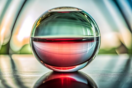 Glass sphere with red liquid on reflective surface
