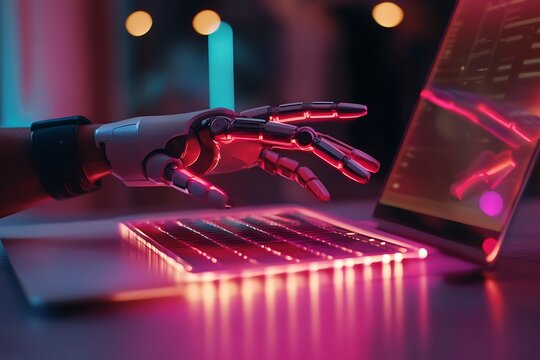 Robotic Hand Interacting with Laptop Keyboard in a Cyberpunkstyle