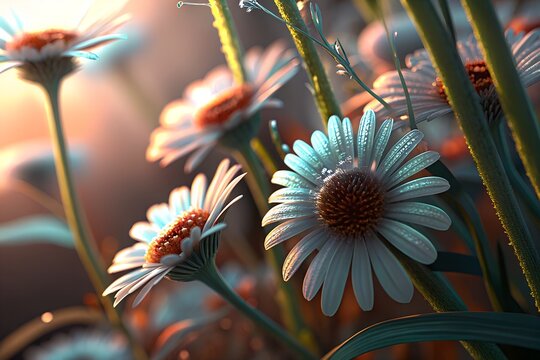 Close up of white daisies with soft golden light