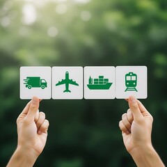 Hands holding puzzle pieces with green icons of transportation modes against a blurred natural background