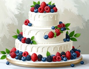 Three-tiered white cake with berries