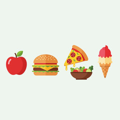 Assortment of fast food and healthy food icons silhouette isolated on white background