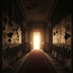 A sunlit hallway in a dilapidated mansion, showcasing crumbling walls, ornate details, and a warm light emanating from an unseen doorway.