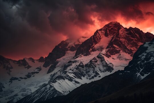 Dramatic sunset over snowcapped mountains