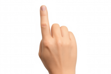 Female hand raising index finger, signaling attention and direction on clear background