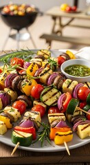 Colorful grilled vegetable skewers with cheese cubes and a herb-infused dipping sauce, arranged attractively on a platter.